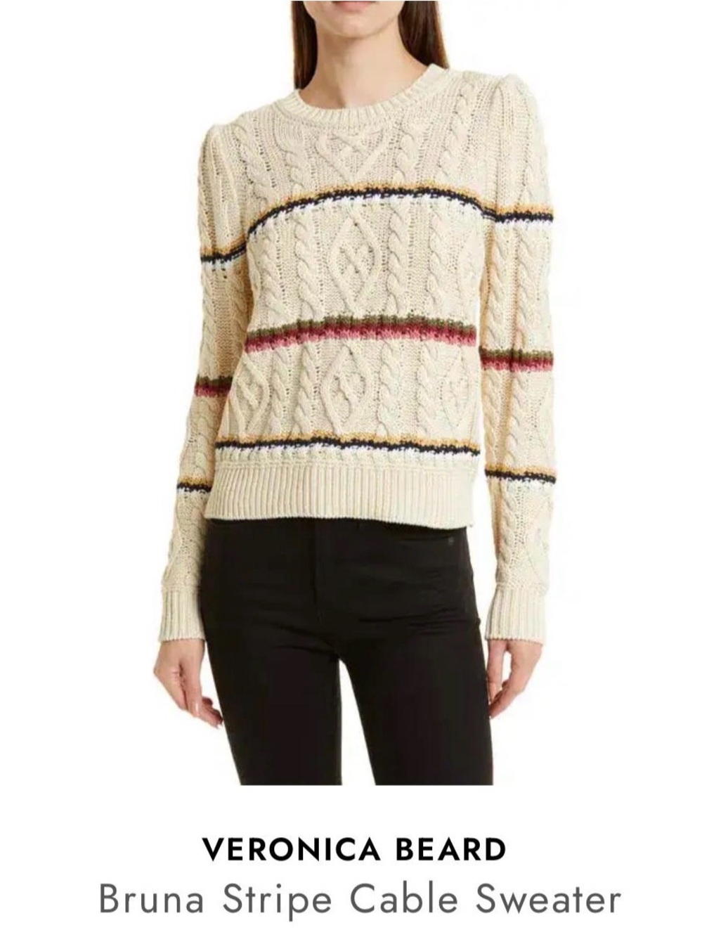 Veronica Beard Cream Cable Knit Sweater with Multicolor Stripes